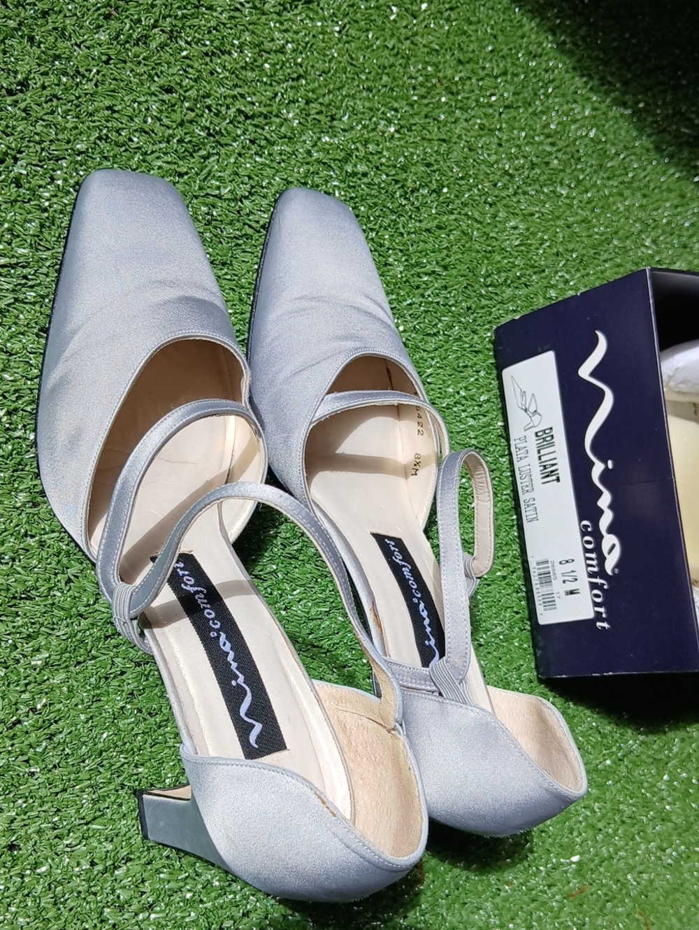😍Nina Women Silver Square-Toe Mary Jane Heels Size 8.5